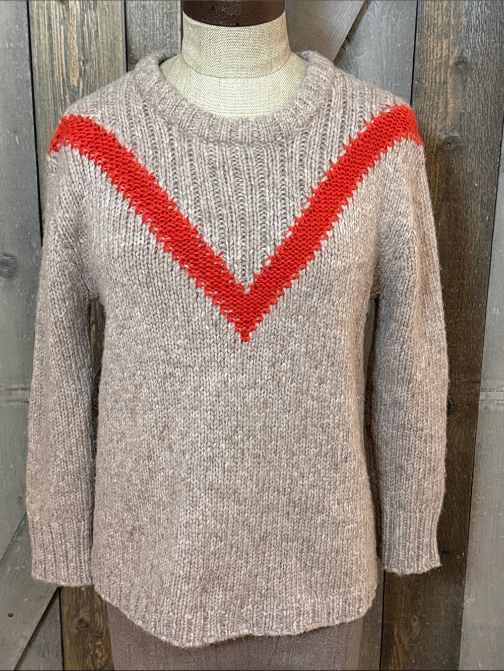 J.Crew Alpaca Merino Wool Sweater XS Beige Red Chevron Stripe Chunky Knit